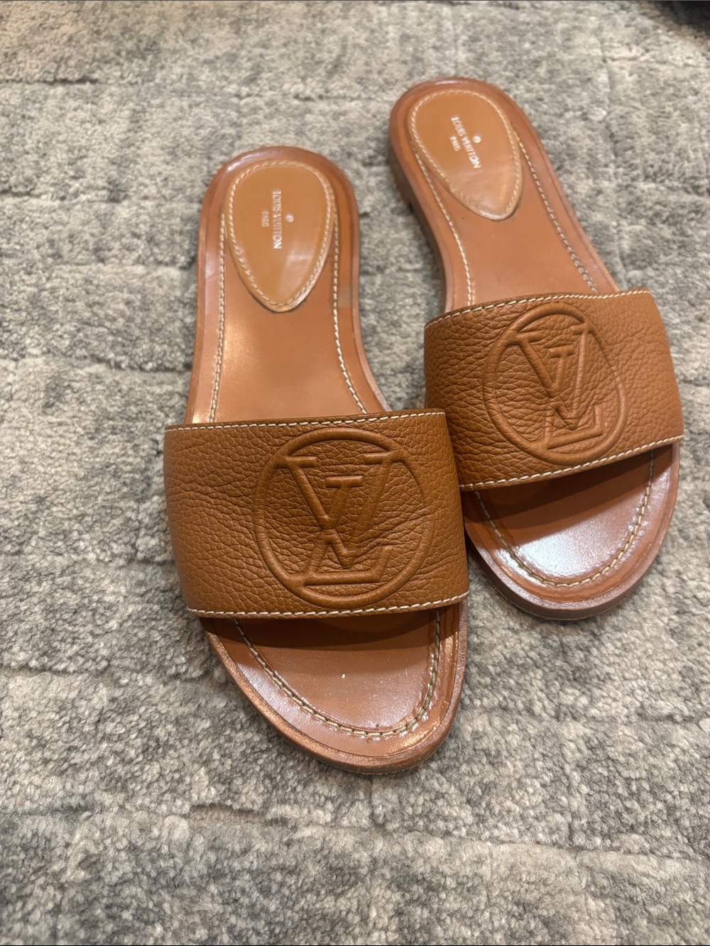 Louis Vuitton Leather Slide Sandals in Cognac with Embossed Logo